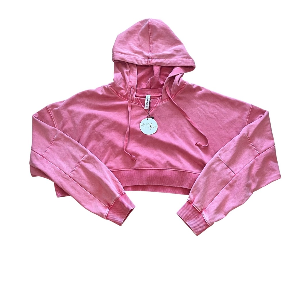 Kimberly C Pink‎ Mineral Wash Cropped Hoodie Sweatshirt Large NWT